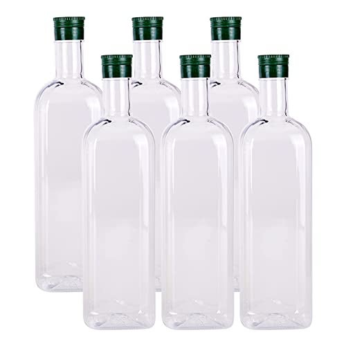 B SEPOR 6 Pack 1000ml Clear Quadra PET Empty Bottles 1 Quart Olive Oil Plastic Bottle with Caps (33.8 Fl Oz) - Long Neck Square Wine Bottles for Plant Watering Globe - Image 1