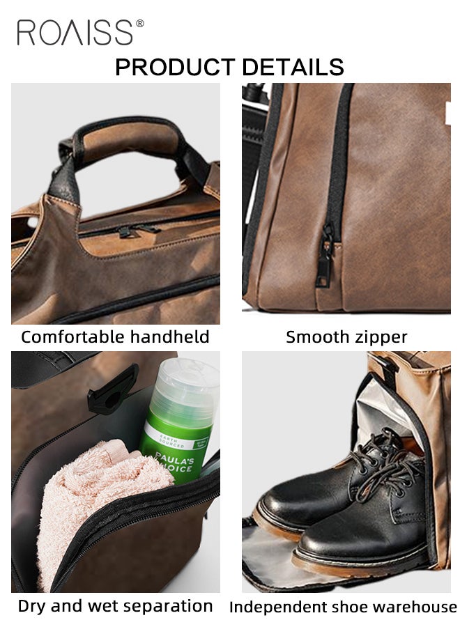 roaiss Unisex Multifunctional Large Capacity Fitness Bag Dry and Wet Separation Independent Shoe Position Sports Shoulder Bag PU Leather Waterproof Business Travel Luggage Bag - Image 4