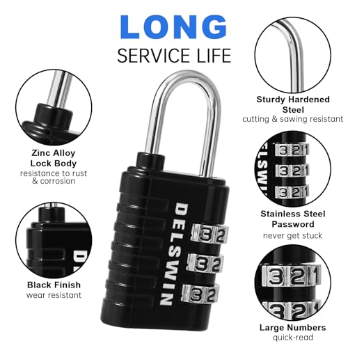 DELSWIN Combination Lock 3-Digit Small Padlock - 8Pcs Resettable Combo Lock for School Gym Locker, Outdoor, Fence, Gate, Waterproof Luggage Locks for Travel Backpack - Image 4