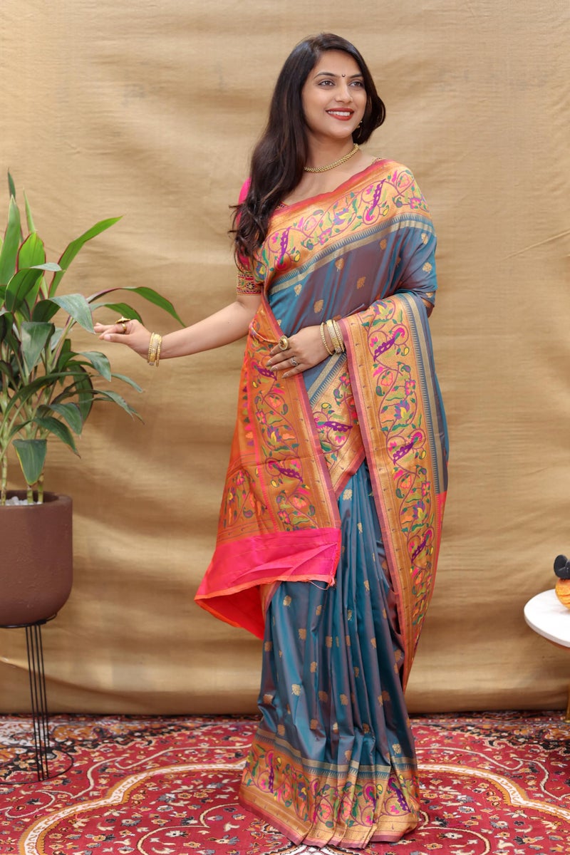 AMIRAT Women's Paithani Silk Woven Zari Saree With Blouse Piece (Teal(Red)) - Image 2