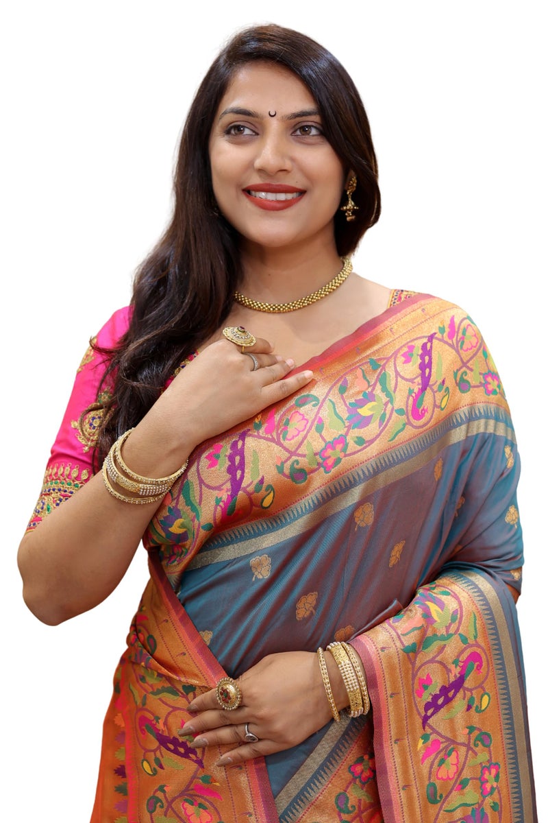 AMIRAT Women's Paithani Silk Woven Zari Saree With Blouse Piece (Teal(Red)) - Image 1
