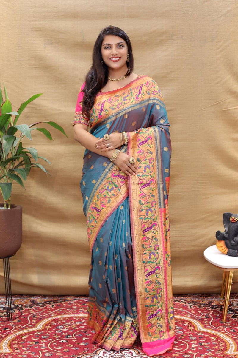 AMIRAT Women's Paithani Silk Woven Zari Saree With Blouse Piece (Teal(Red)) - Image 4