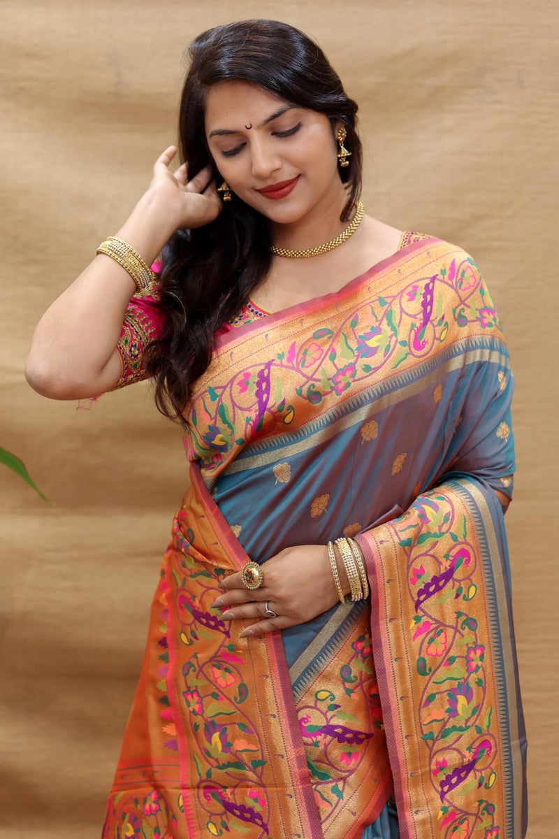 AMIRAT Women's Paithani Silk Woven Zari Saree With Blouse Piece (Teal(Red)) - Image 3
