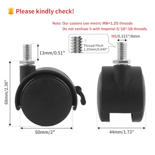 HOWDIA 2 Inch M8×1.25 Threaded Stem Nylon Swivel Caster Wheels with Brake – Floor-Protecting Light-Duty Replacement for Carts, Office Chairs & Furniture, Not fit for 5/16-18(50 kg Total, 4-Pack) - Image 2