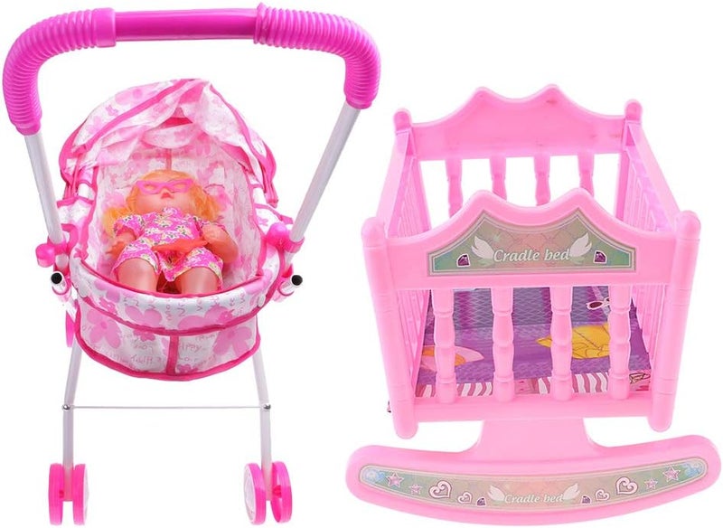 klarako NC Baby Doll W/ Stroller Pram Buggy and Bed Cradle Girls Toy Foldable Pushchair - Image 1