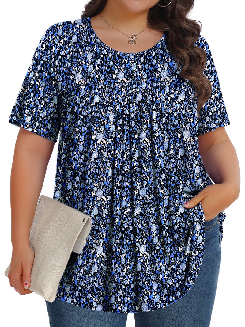 Tencede Womens Plus Size Tops Tunic Short Sleeve Crew Neck Shirts Casual Soft Blouse Blue Lily 4X - Image 1