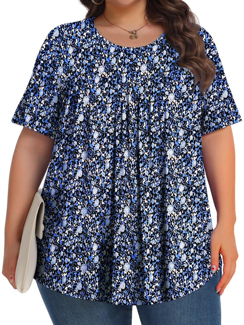 Tencede Womens Plus Size Tops Tunic Short Sleeve Crew Neck Shirts Casual Soft Blouse Blue Lily 4X - Image 3