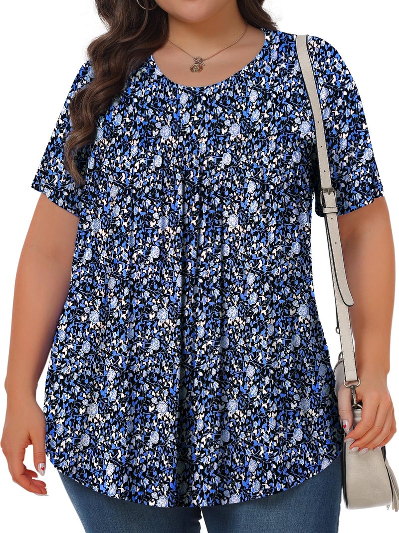 Tencede Womens Plus Size Tops Tunic Short Sleeve Crew Neck Shirts Casual Soft Blouse Blue Lily 4X - Image 2
