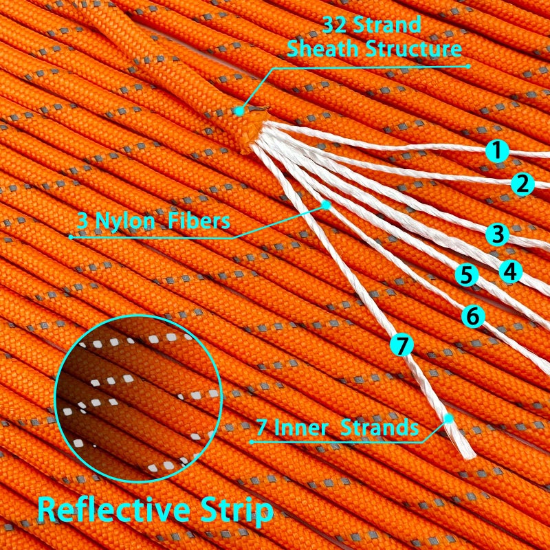VVAAGG Reflective Paracord Rope 100FT, 7 Strand Nylon para Cord Lanyard Utility 550 Parachute Cord, 4mm Thin Tent Rope for Outdoor Camping Hiking (Orange) - Image 4
