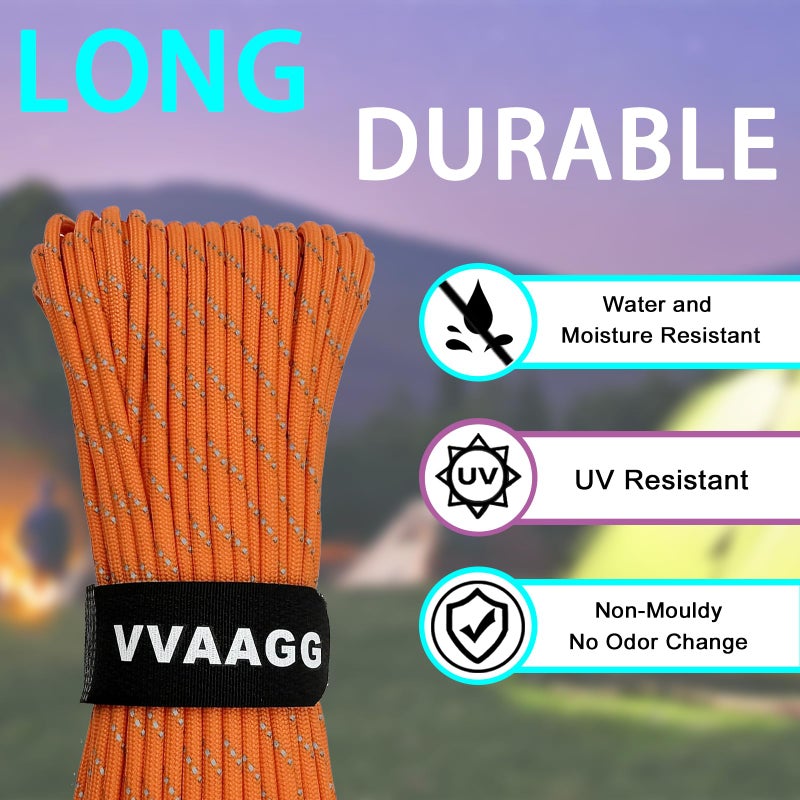 VVAAGG Reflective Paracord Rope 100FT, 7 Strand Nylon para Cord Lanyard Utility 550 Parachute Cord, 4mm Thin Tent Rope for Outdoor Camping Hiking (Orange) - Image 3