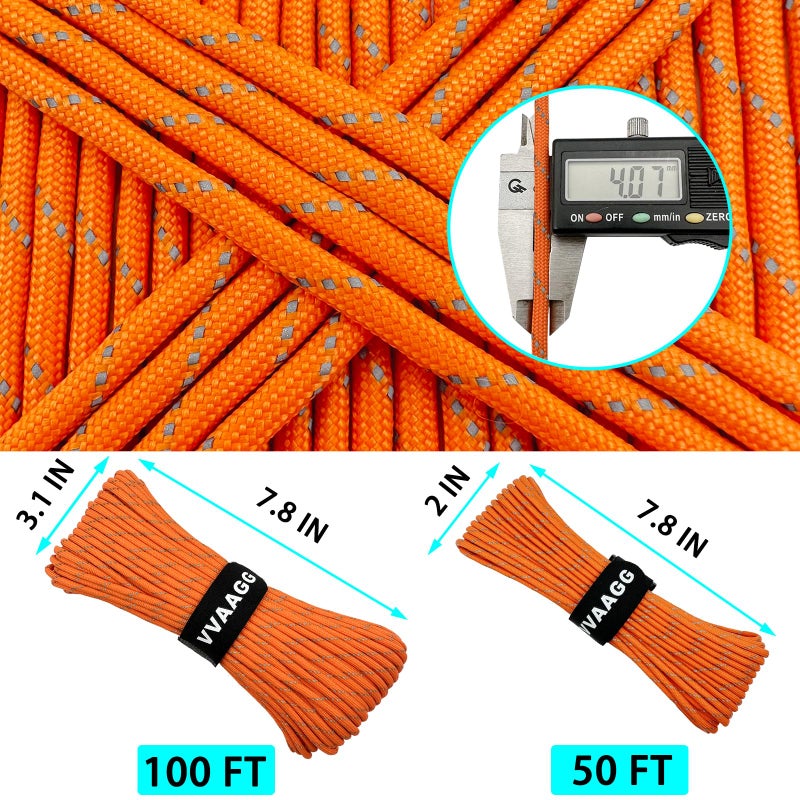 VVAAGG Reflective Paracord Rope 100FT, 7 Strand Nylon para Cord Lanyard Utility 550 Parachute Cord, 4mm Thin Tent Rope for Outdoor Camping Hiking (Orange) - Image 2