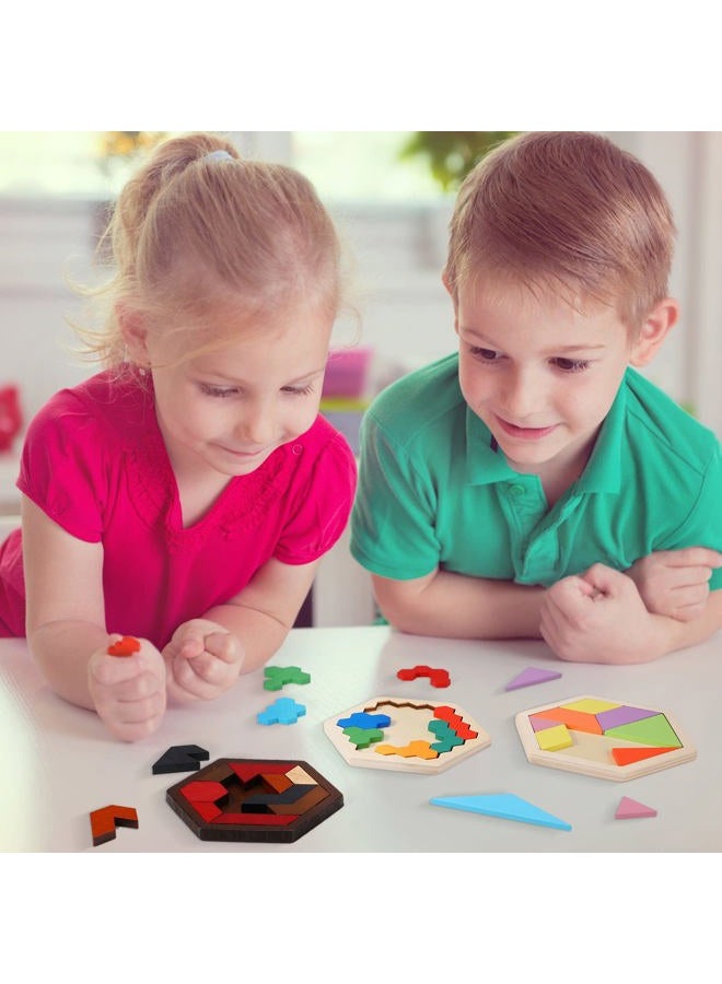 Jerify 3 Pack Wooden Hexagon Tangram Puzzle Challenge Wooden Brain Teasers Hexagonal Geometric Shape Pattern Wood Block Puzzle Toy for Different Age People Logic Mind Game Gifts - Image 3