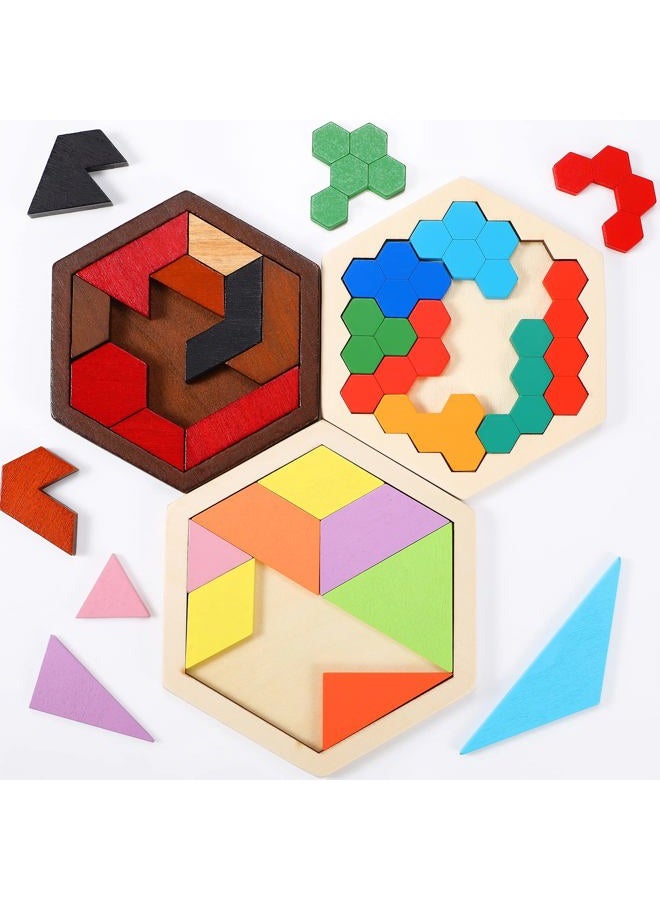Jerify 3 Pack Wooden Hexagon Tangram Puzzle Challenge Wooden Brain Teasers Hexagonal Geometric Shape Pattern Wood Block Puzzle Toy for Different Age People Logic Mind Game Gifts - Image 1
