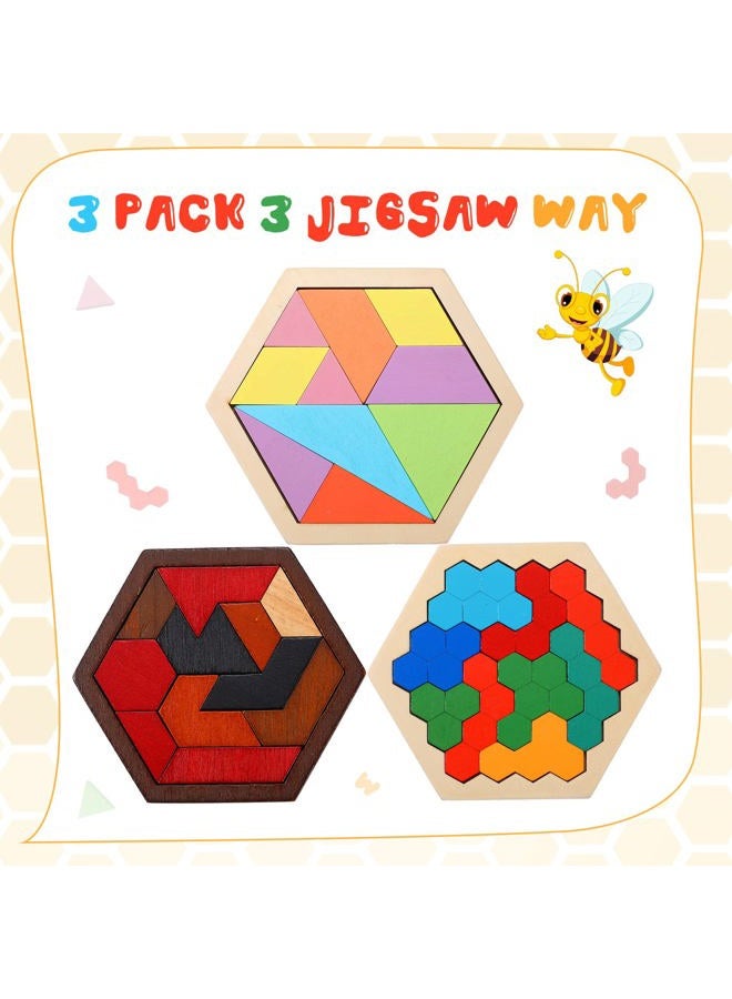 Jerify 3 Pack Wooden Hexagon Tangram Puzzle Challenge Wooden Brain Teasers Hexagonal Geometric Shape Pattern Wood Block Puzzle Toy for Different Age People Logic Mind Game Gifts - Image 2