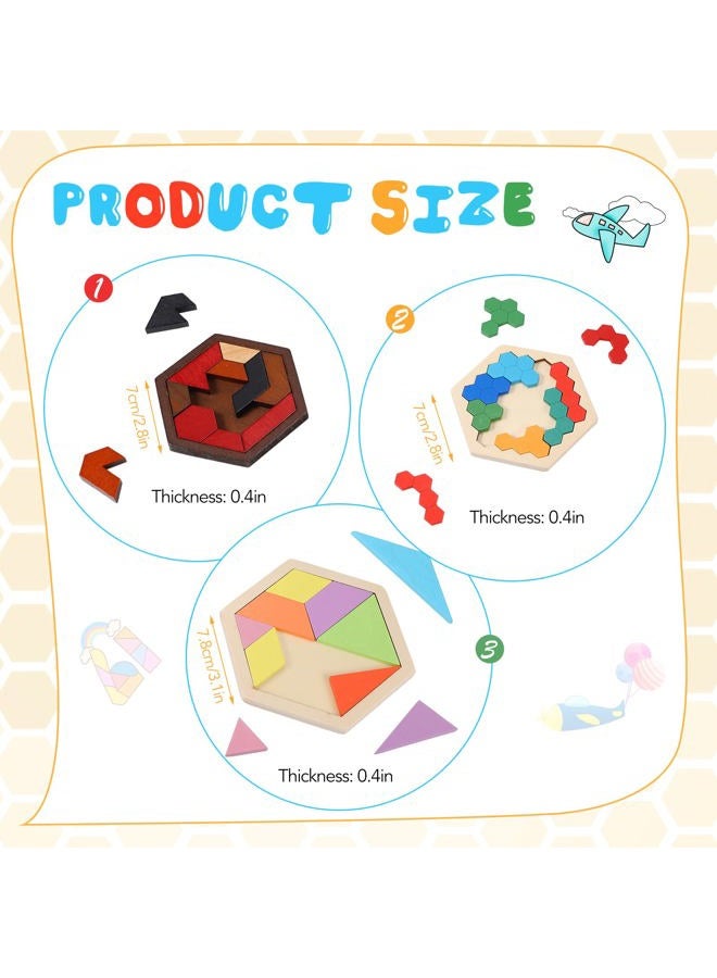 Jerify 3 Pack Wooden Hexagon Tangram Puzzle Challenge Wooden Brain Teasers Hexagonal Geometric Shape Pattern Wood Block Puzzle Toy for Different Age People Logic Mind Game Gifts - Image 4