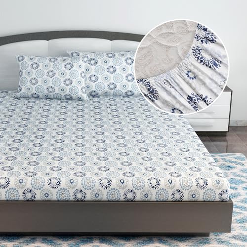 Divine Casa 144 TC Floral Grey 100% Cotton Elastic Fitted Bedsheets King Size with 2 Pillow Covers - 78 x 72 inches - Image 1