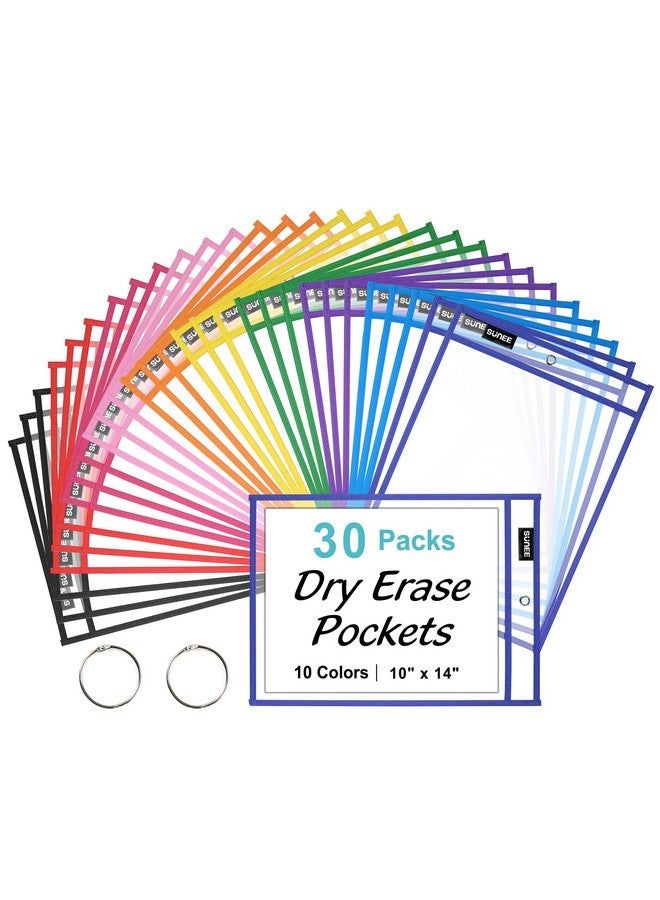 SUNEE 30 Packs Oversized Reusable Dry Erase Pocket Sleeves With 2 Rings 10 Assorted Colors 10X14 Ticket Holders Clear Plastic Sheet Protectors Teacher School Classroom Supplies - Image 1