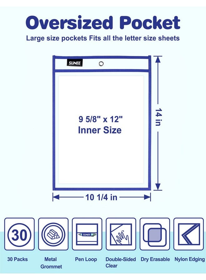 SUNEE 30 Packs Oversized Reusable Dry Erase Pocket Sleeves With 2 Rings 10 Assorted Colors 10X14 Ticket Holders Clear Plastic Sheet Protectors Teacher School Classroom Supplies - Image 2