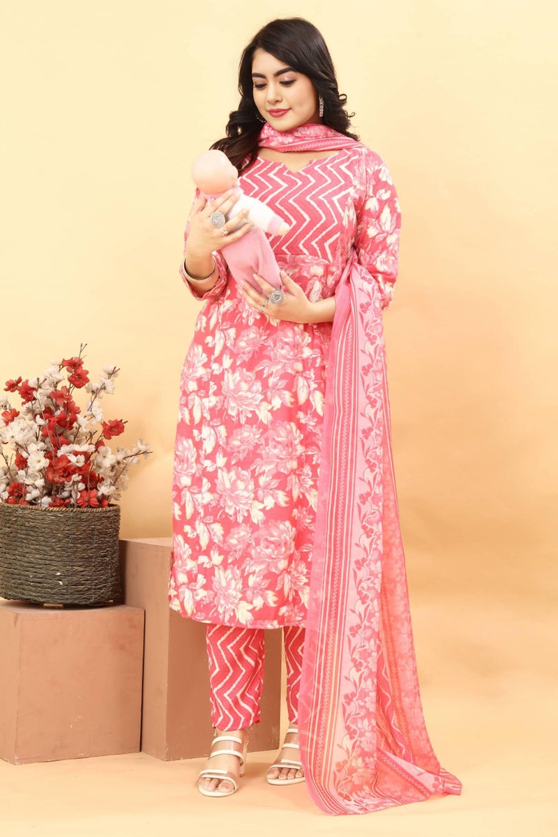 ASSUME FAB Women Maternity Kurta Set with Dupatta for Women | Nursing/Feeding Zip | Soft Rayon Ethnic Wear for Pregnancy & Postpartum(Large Pink - Image 2
