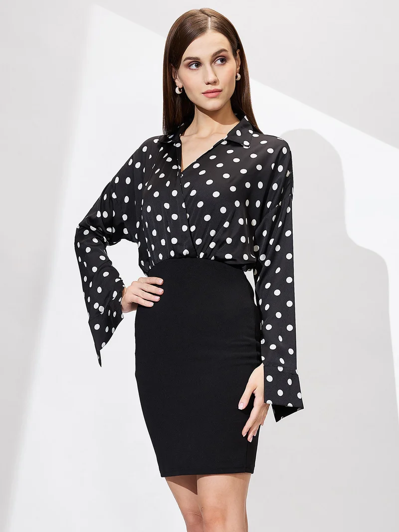 globus Globus Women Shirt Collar Cuffed Sleeves Polka Dots Satin Gathered Mini Bodycon Workwear Dress