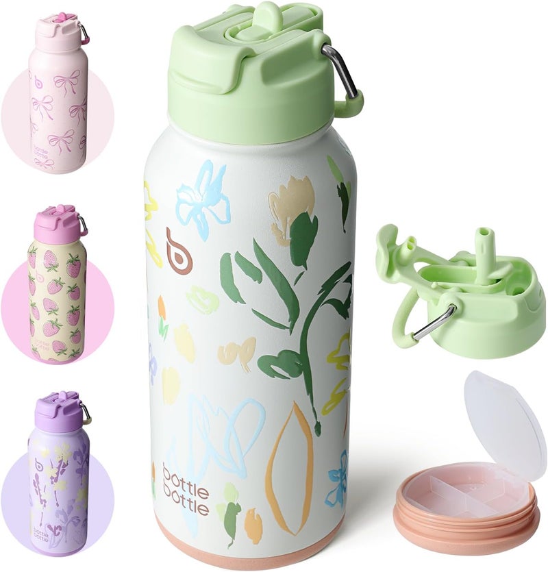 BOTTLE BOTTLE 32oz Insulated Stainless Steel Sport Water Bottle with Straw and Pill Box (Eden Grove) - Image 1