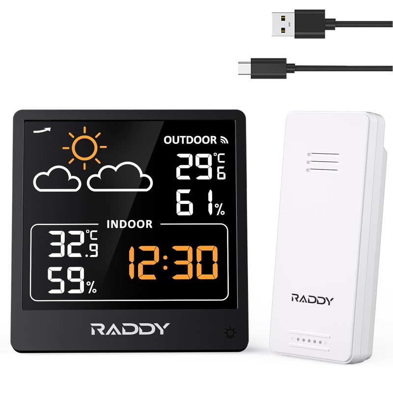 Raddy WF-50V Indoor Outdoor Thermometer Hygrometer, Wireless Weather Station Temperature & Humidity Monitor with 5.0â€™â€™ VA Display, USB-C Powered, Weather Forecast, Wireless Remote Sensor (Black) - Image 1