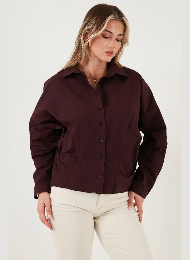 ليلا قميص نسائي قطني كلاسيكي بياقة كلاسيكية، قصير من الأمام وطويل من الخلف