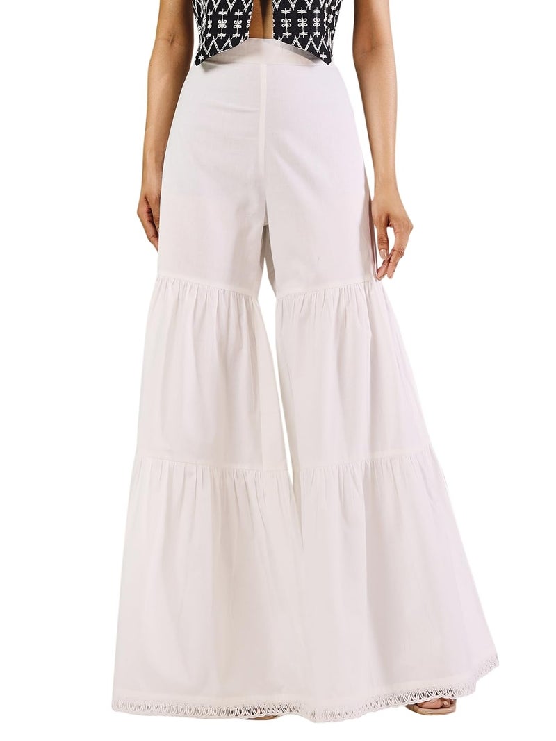 FIORRA Women's White Cotton Tiered Sharara BTM023 - Image 1
