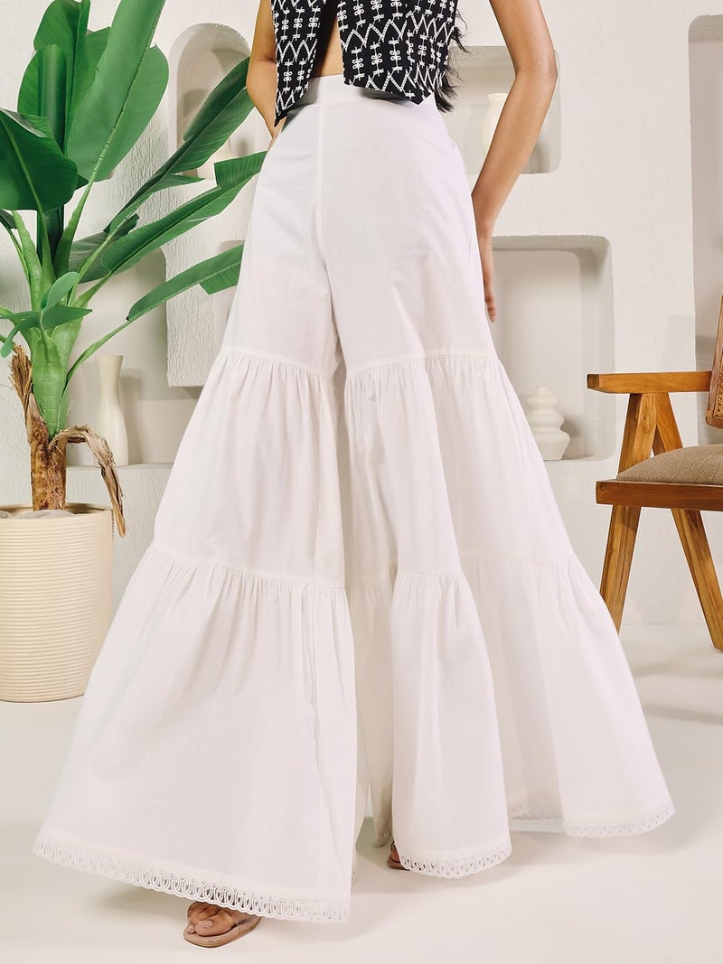 FIORRA Women's White Cotton Tiered Sharara BTM023 - Image 4