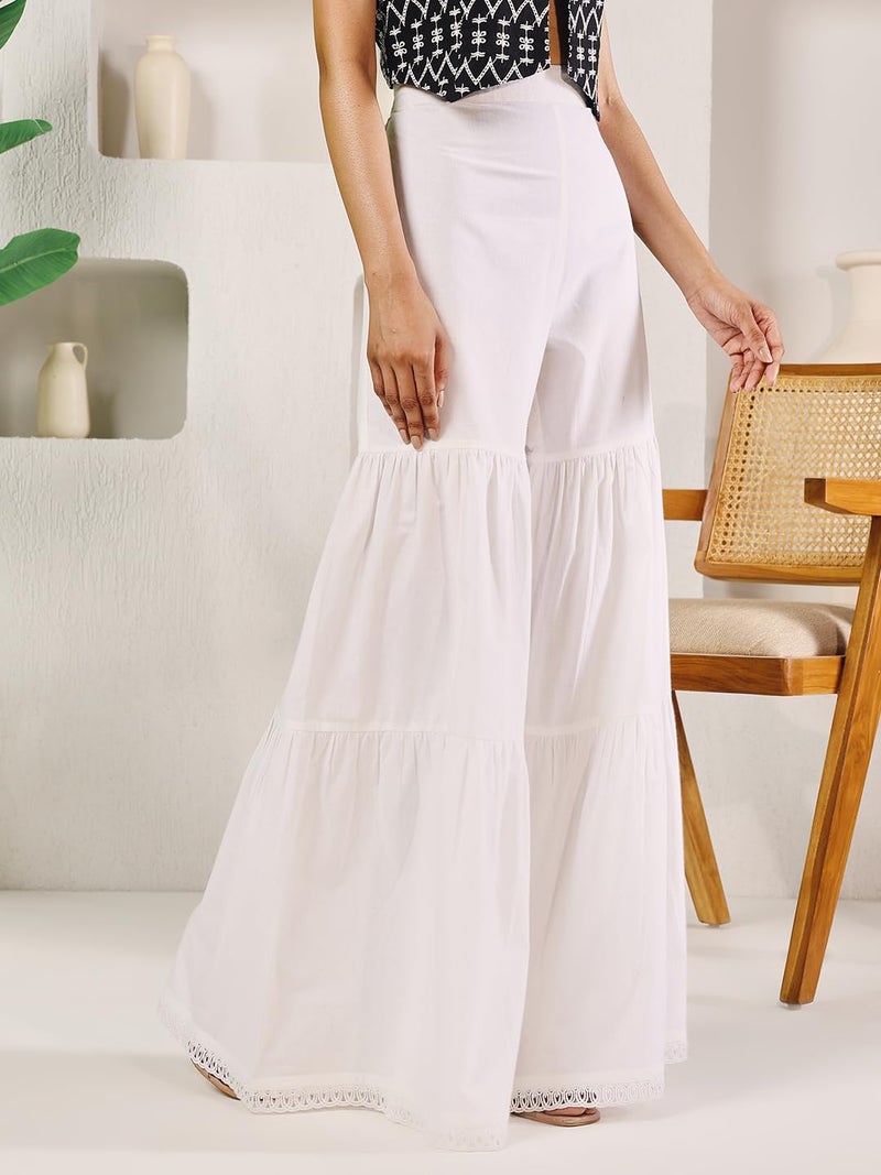 FIORRA Women's White Cotton Tiered Sharara BTM023 - Image 3