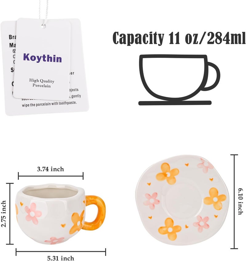 Koythin Ceramic Coffee Mug with Saucer Set, Cute Creative Orange Flower Cup Unique Irregular Design for Office and Home, 10 oz/300 ml for Latte Tea Milk - Image 2