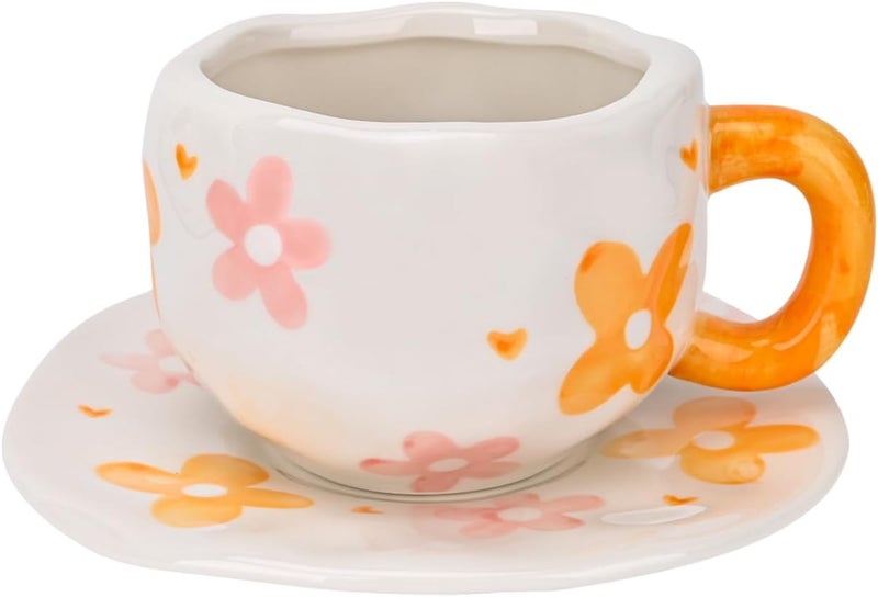 Koythin Ceramic Coffee Mug with Saucer Set, Cute Creative Orange Flower Cup Unique Irregular Design for Office and Home, 10 oz/300 ml for Latte Tea Milk - Image 1