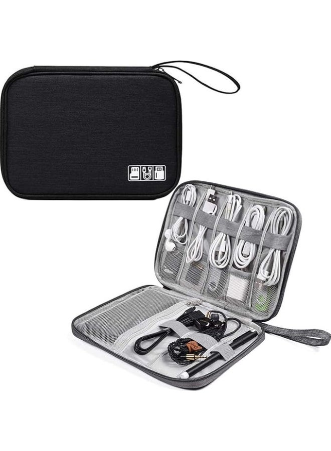 شنطة تنظيم كابلات السفر والاكسسوارات الإلكترونية، شنطة تنظيم أسلاك محمولة للكابلات والشاحن والموبايل وUSB وبطاقة اس دي وسماعات الأذن وغيرها من الاغراض، لون أسود - Image 1