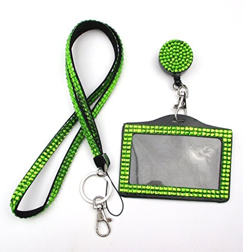ALL in ONE Rhinestone Lanyard Bling Crystal Necklace + Badge Reel + Horizontal Card Holder for Business Id/key (GREEN) - Image 1