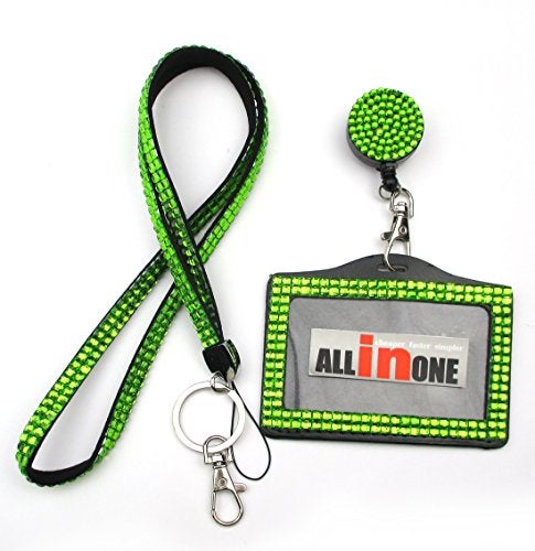 ALL in ONE Rhinestone Lanyard Bling Crystal Necklace + Badge Reel + Horizontal Card Holder for Business Id/key (GREEN) - Image 5