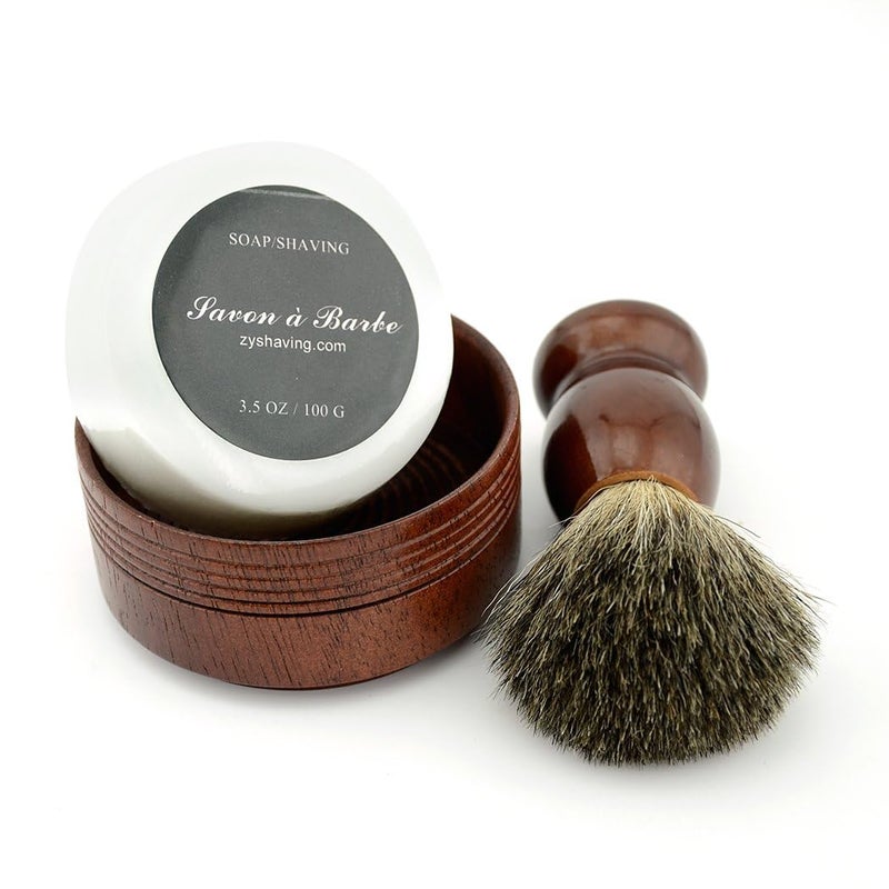 Grandslam Pure Badger Hair Shaving Brush Natural Wood Mug Bowl Hand-Made Soap Barber Set - Image 3