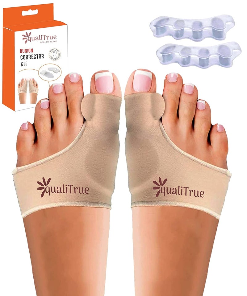 QualiTrue Toe Separator Bunion Corrector For Women Free Silicone Guard Bunion Thumb Corrector Plantar Fasciitis Relief Product Gel Pad Cushion, Toe Brace, Spacers, Bunion Splint Hallux Valgus Fits With Shoes And Socks Uk4 To Uk8 (Bunion Brace + 5 Finger Separator) - Image 1