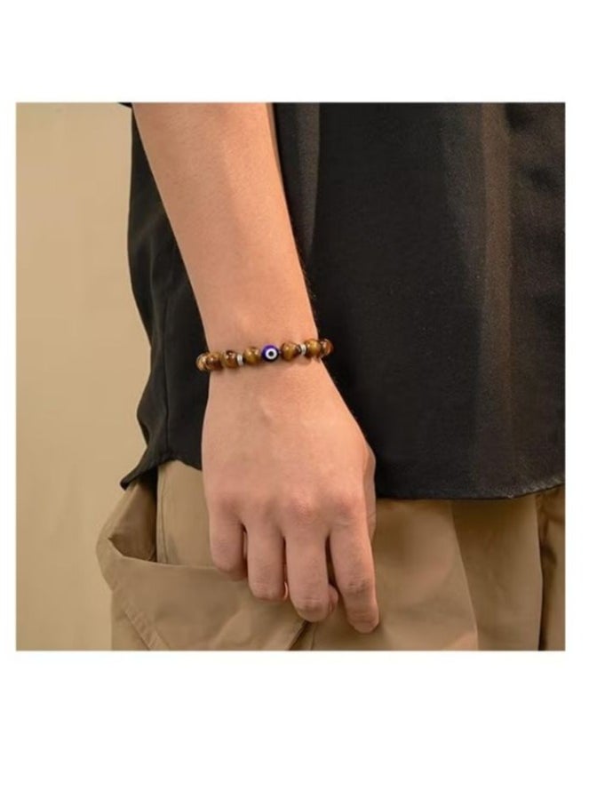 JEEJPV Evil Eye Bracelet for Men Natural Stone Bracelet Protection Good Luck Amulet for Boy Brown  - Image 4
