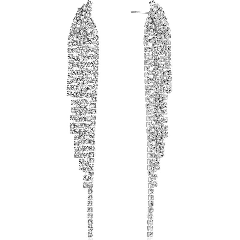 Humble Chic NY Humble Chic Simulated Diamond Earrings - Darling Waterfall Tassel CZ Statement Chandelier Studs, Silver Tone Long Sparkly Tassels Rhinestone Earrings for Women - Image 1