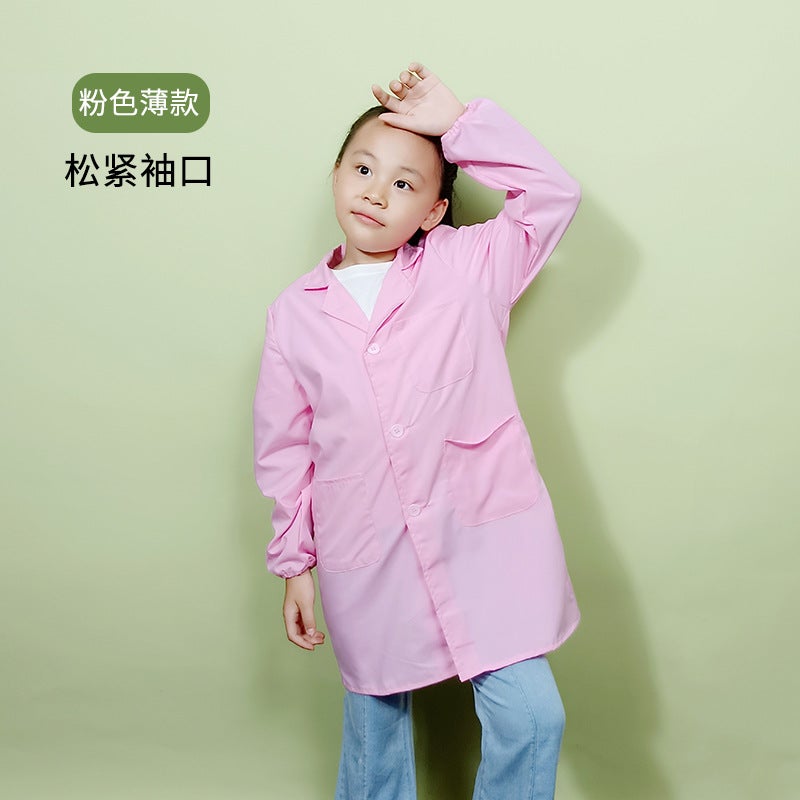 Childrens White Coat Long Sleeve Work Clothes Laboratory Clothes logo Visiting Clothes White Long Gown Performance Clothes Thin pink elastic cuffs 