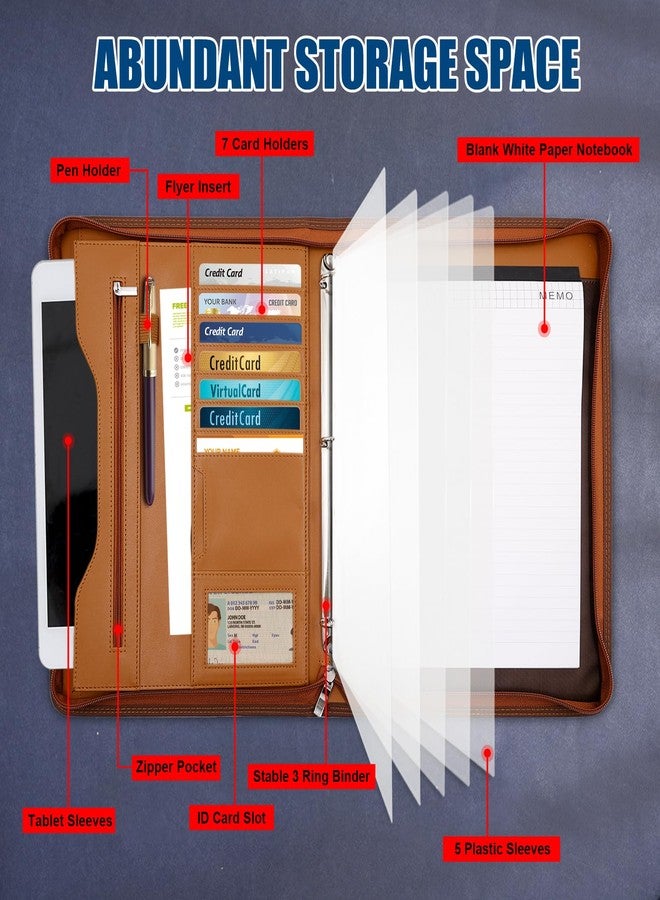حافظة Sbrinnaliao Padfolio، حافظة ملفات، منظم، دفتر ملاحظات، حافظة بسحاب للنساء والرجال مع جيب للمستندات، لوحة كتابة بحجم الرسالة/A4، حاملات بطاقات العمل (بني - 3) - Image 2