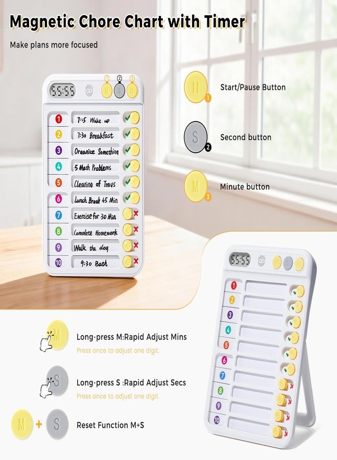 Owlprince Chore Chart for Kids with Timer, Visual Schedule for Kids, ADHD Tools for Kids, Bedtime/Morning/Daily Routine Chart with 99-Min Countup/Down, Magnetic Checklist Schedule Board with Slider - White - Image 2