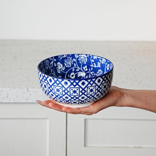 Cerkik Ceramic Soup Bowls Set - 23 Oz Deep Cereal Bowl for kitchen - 6 Inch Porcelain Salad Bowl for Pasta, Dessert, Ramen - Microwave Dishwasher Safe - Set of 6 - Vintage Blue - Image 2