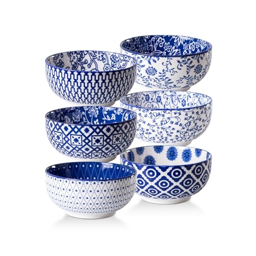Cerkik Ceramic Soup Bowls Set - 23 Oz Deep Cereal Bowl for kitchen - 6 Inch Porcelain Salad Bowl for Pasta, Dessert, Ramen - Microwave Dishwasher Safe - Set of 6 - Vintage Blue - Image 1