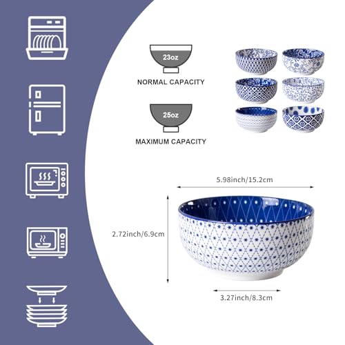 Cerkik Ceramic Soup Bowls Set - 23 Oz Deep Cereal Bowl for kitchen - 6 Inch Porcelain Salad Bowl for Pasta, Dessert, Ramen - Microwave Dishwasher Safe - Set of 6 - Vintage Blue - Image 4