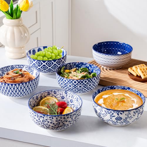 Cerkik Ceramic Soup Bowls Set - 23 Oz Deep Cereal Bowl for kitchen - 6 Inch Porcelain Salad Bowl for Pasta, Dessert, Ramen - Microwave Dishwasher Safe - Set of 6 - Vintage Blue - Image 3