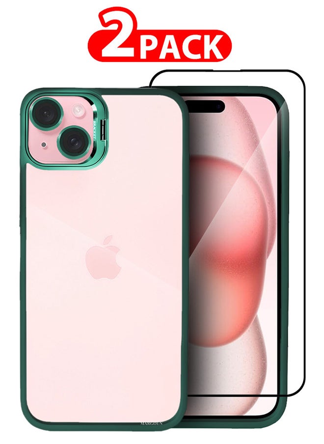 CATANES - 2 Pack iPhone 15 Plus Case Cover and Lens Protector and Screen Protector Built-in Camera Stand and Compatible with MagSafe Full Body Shockproof Case Clear Green - Image 1