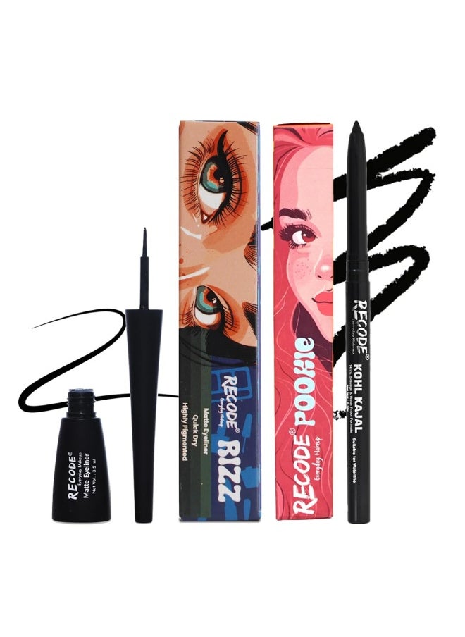 Recode Black Eyeliner 3.5ml Kajal 0.35g Combo Intense Waterproof Long Lasting Bold Eyes  - Image 1