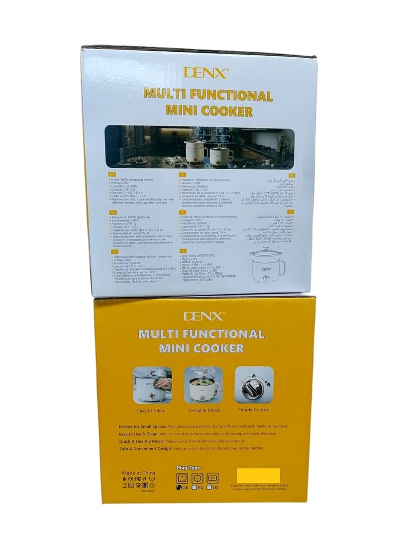 Denx A 600W multi-functional mini cooker for fast and efficient cooking, ideal for cooking rice, pasta, soups, eggs, stir-fries, and steaming. - Image 3