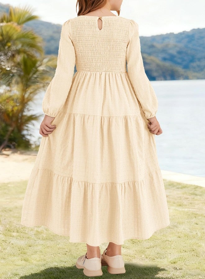 HOSIKA Tween Girls Fall Puff Long Sleeve Smocked Swiss Dot Tiered A-line Flowy Maxi Dress with Pockets 6-12 Years, Apricot, 10 Years - Image 5